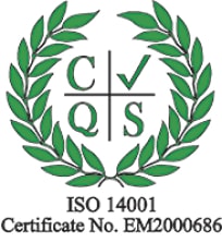 Crest logo of ISO 14001 with copy reading ISO 14001, Certificate No. EM2000686